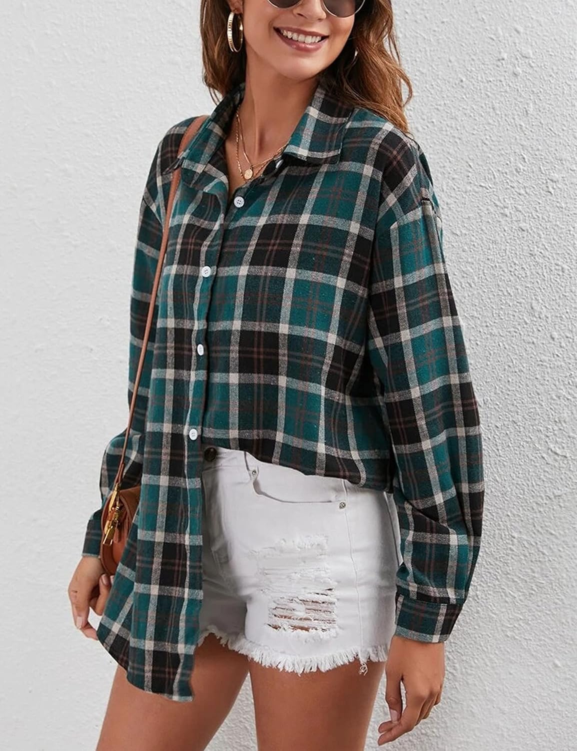 Flannel Buffalo Plaid Shirts for Women Oversized Button Down Shacket Blouse Tops - Picture 73 of 125