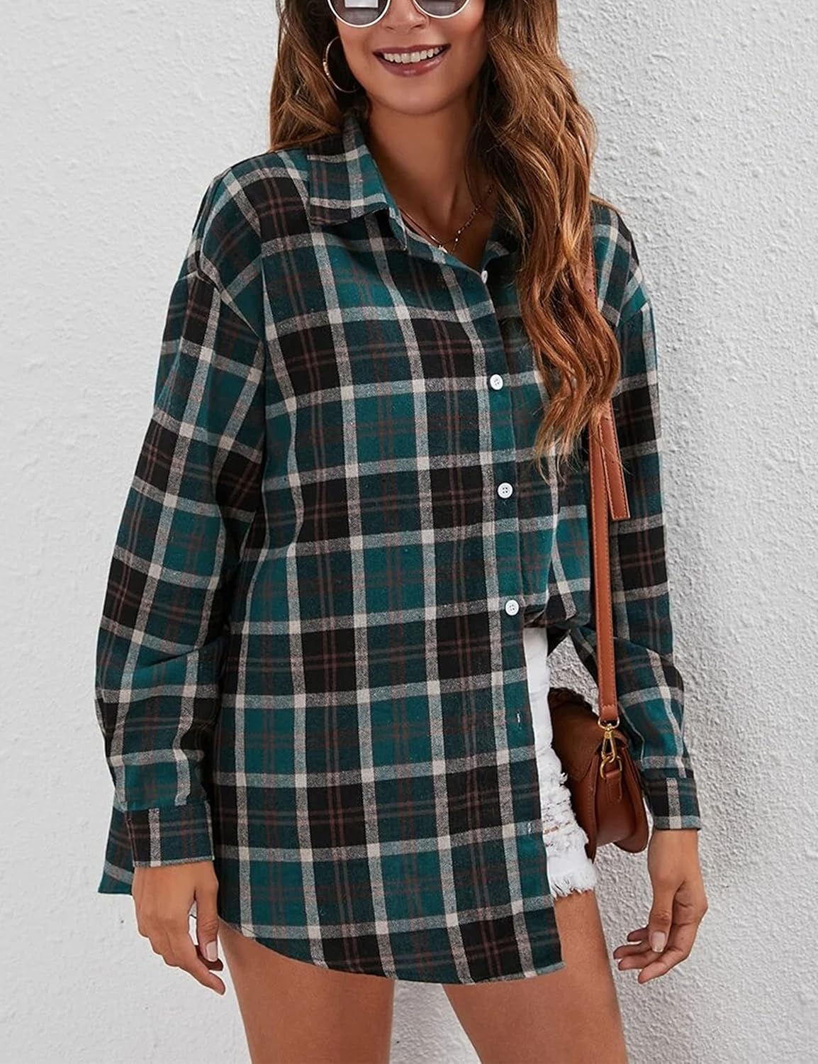 Flannel Buffalo Plaid Shirts for Women Oversized Button Down Shacket Blouse Tops - Picture 74 of 125
