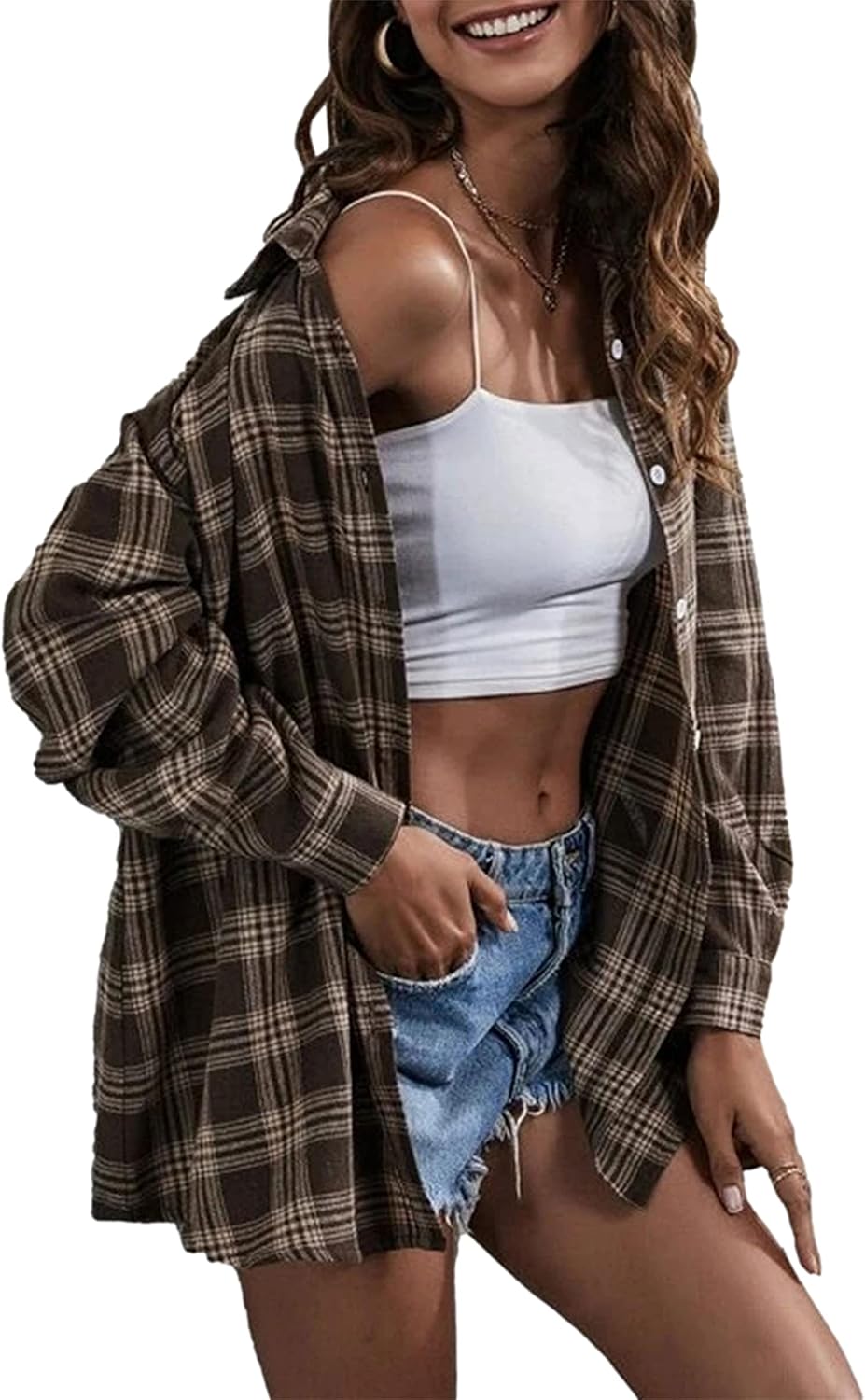 Flannel Buffalo Plaid Shirts for Women Oversized Button Down Shacket Blouse Tops - Picture 77 of 125