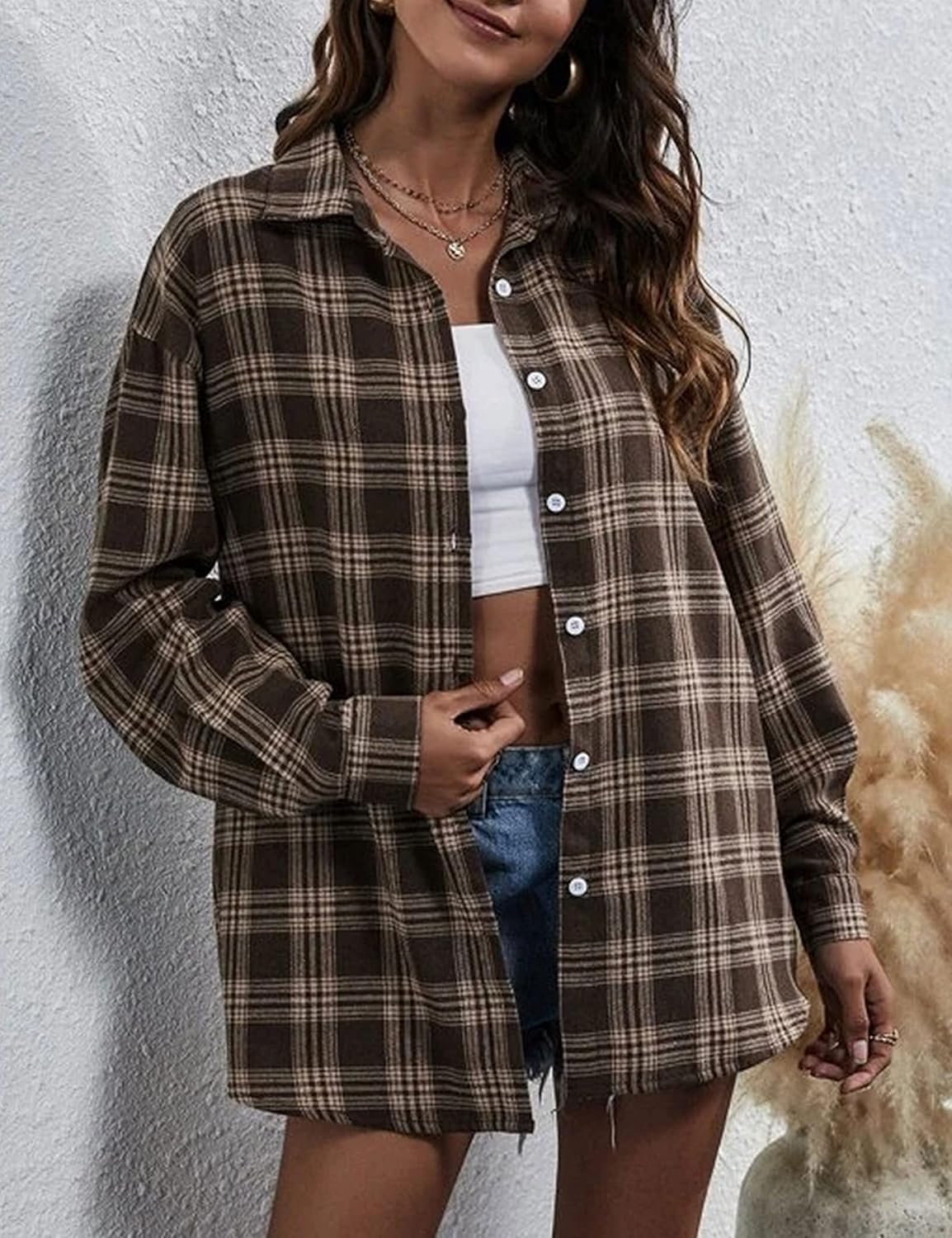 Flannel Buffalo Plaid Shirts for Women Oversized Button Down Shacket Blouse Tops - Picture 79 of 125