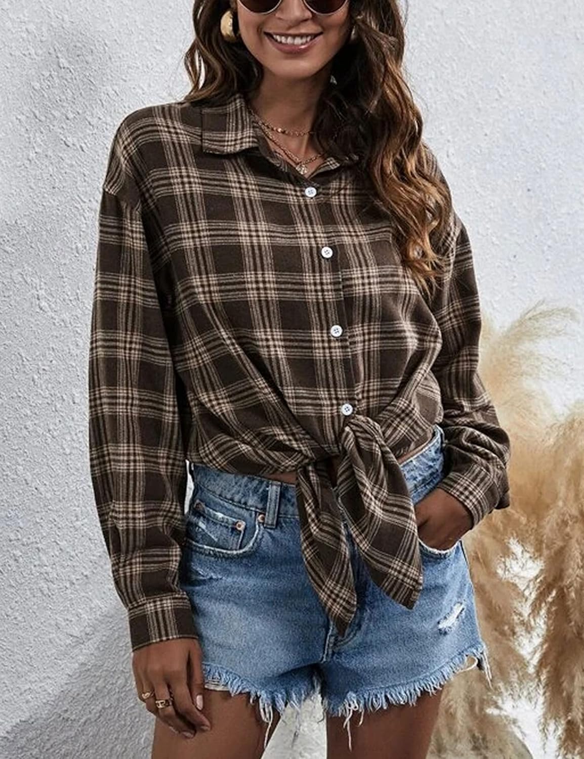 Flannel Buffalo Plaid Shirts for Women Oversized Button Down Shacket Blouse Tops - Picture 80 of 125