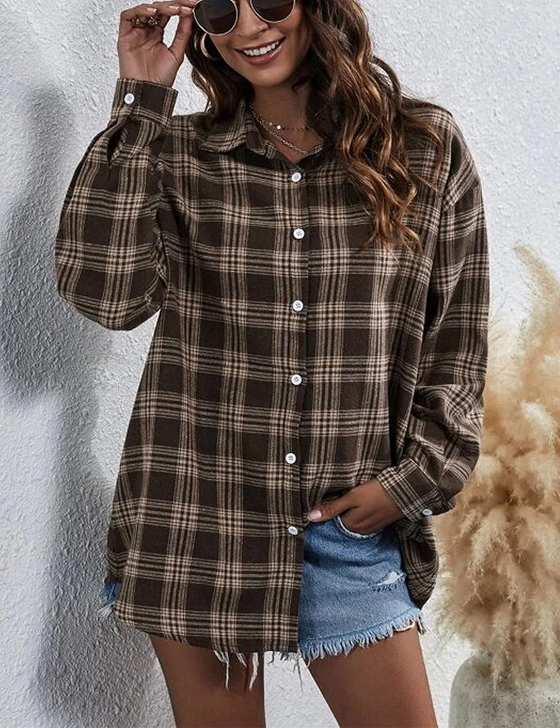 Flannel Buffalo Plaid Shirts for Women Oversized Button Down Shacket Blouse Tops - Picture 81 of 125