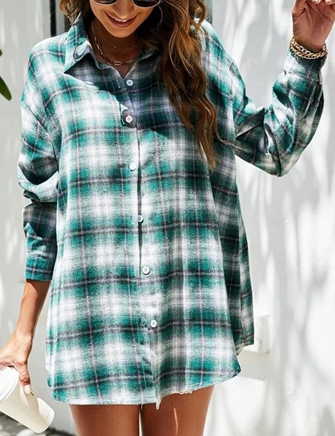Flannel Buffalo Plaid Shirts for Women Oversized Button Down Shacket Blouse Tops - Picture 86 of 125