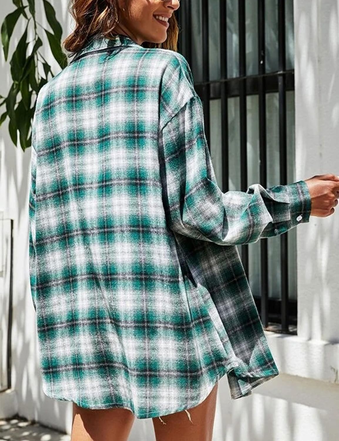 Flannel Buffalo Plaid Shirts for Women Oversized Button Down Shacket Blouse Tops - Picture 87 of 125