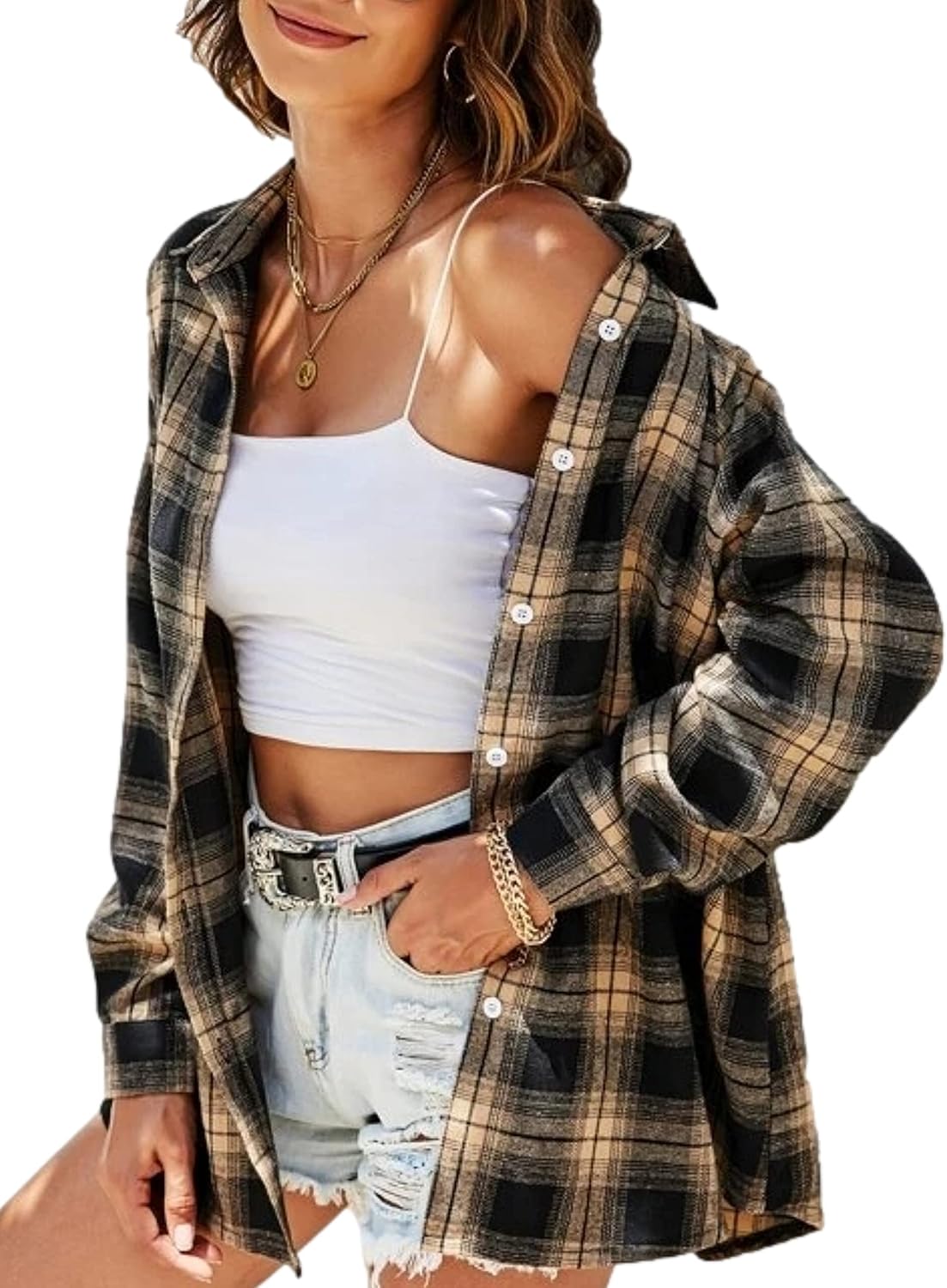 Flannel Buffalo Plaid Shirts for Women Oversized Button Down Shacket Blouse Tops - Picture 89 of 125