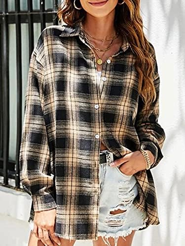 Flannel Buffalo Plaid Shirts for Women Oversized Button Down Shacket Blouse Tops - Picture 90 of 125