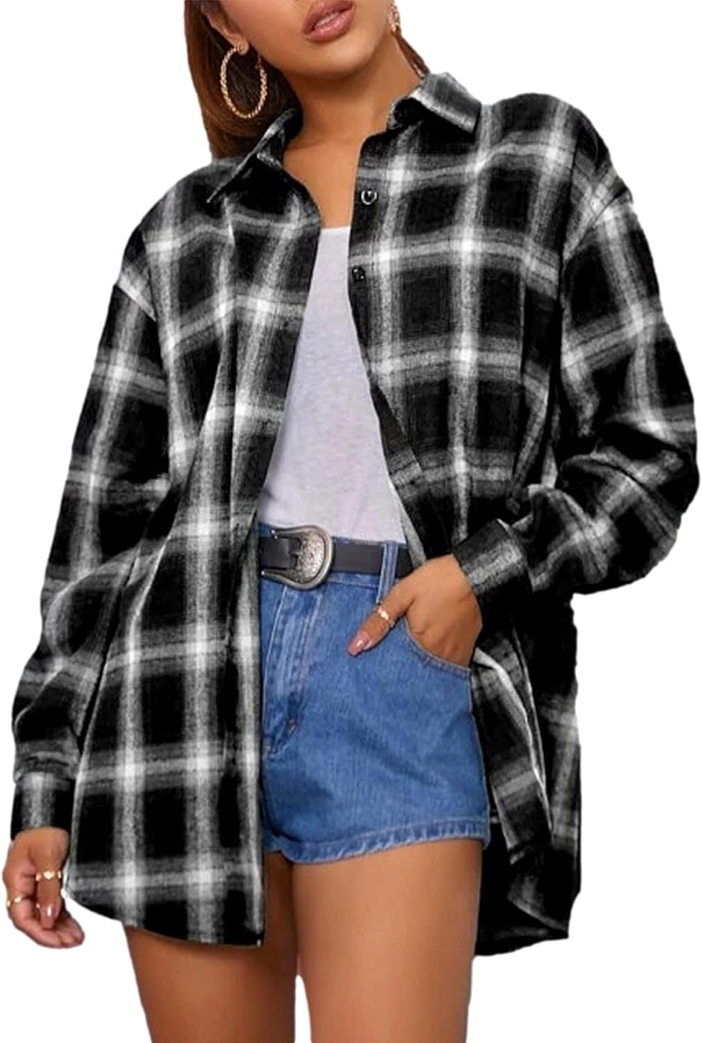 Flannel Buffalo Plaid Shirts for Women Oversized Button Down Shacket Blouse Tops - Picture 95 of 125