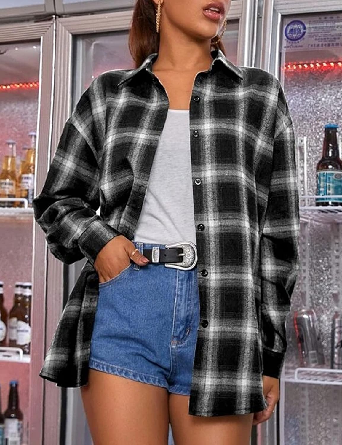 Flannel Buffalo Plaid Shirts for Women Oversized Button Down Shacket Blouse Tops - Picture 96 of 125