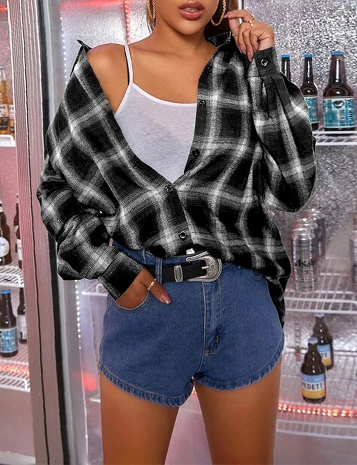 Flannel Buffalo Plaid Shirts for Women Oversized Button Down Shacket Blouse Tops - Picture 97 of 125