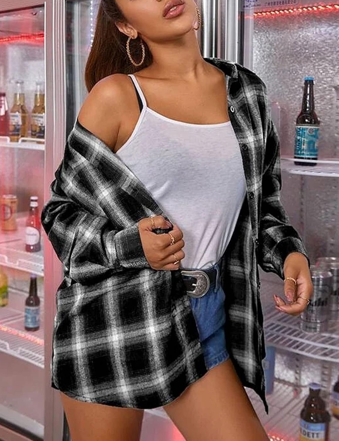 Flannel Buffalo Plaid Shirts for Women Oversized Button Down Shacket Blouse Tops - Picture 98 of 125