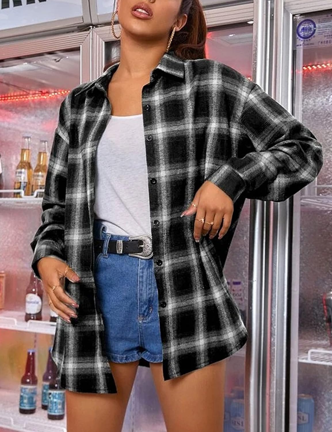 Flannel Buffalo Plaid Shirts for Women Oversized Button Down Shacket Blouse Tops - Picture 99 of 125