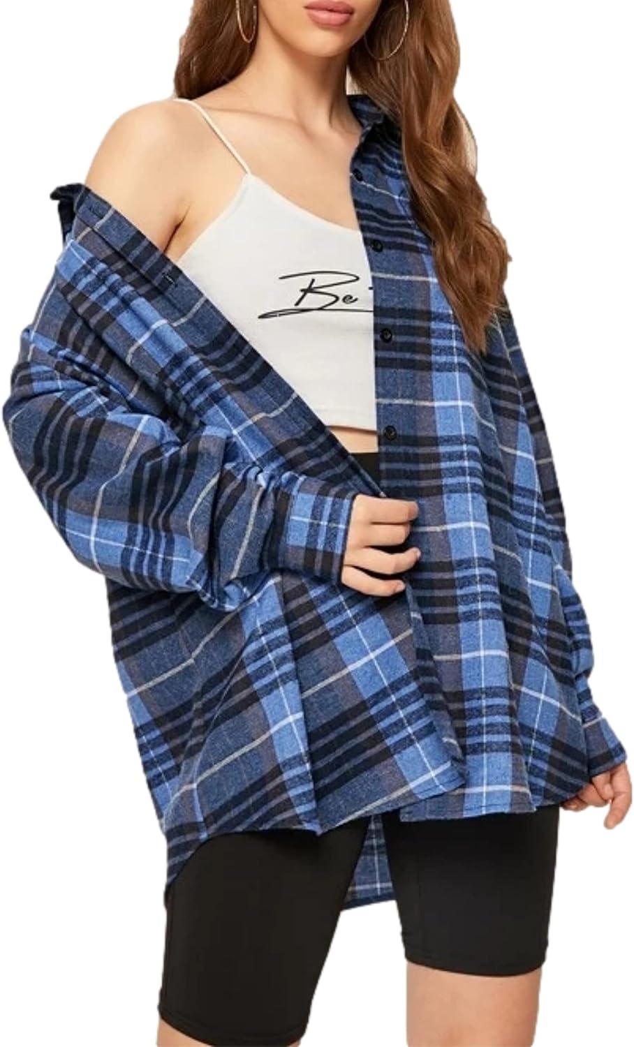 Flannel Buffalo Plaid Shirts for Women Oversized Button Down Shacket Blouse Tops - Picture 101 of 125
