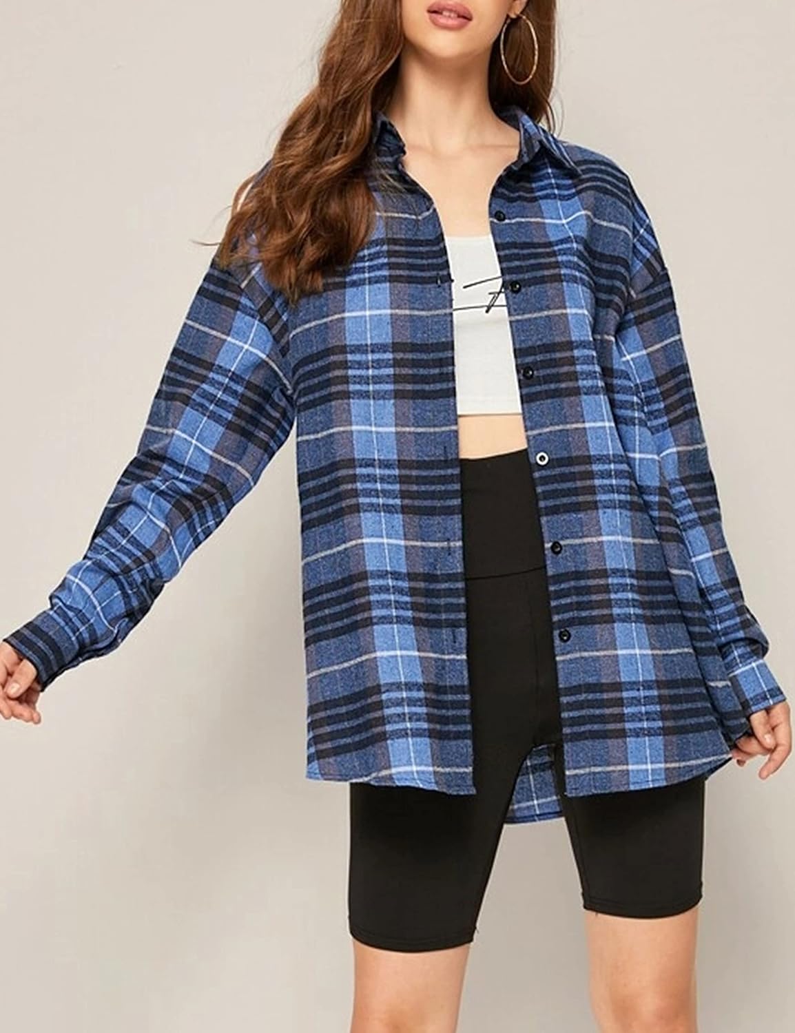 Flannel Buffalo Plaid Shirts for Women Oversized Button Down Shacket Blouse Tops - Picture 102 of 125
