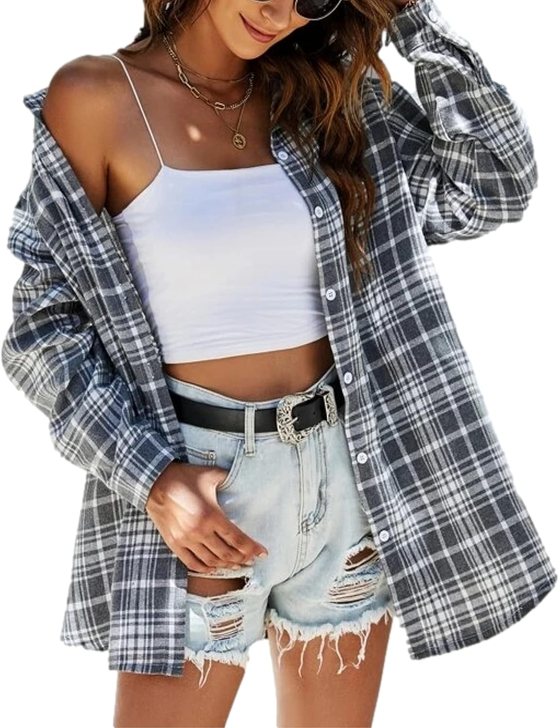 Flannel Buffalo Plaid Shirts for Women Oversized Button Down Shacket Blouse Tops - Picture 106 of 125