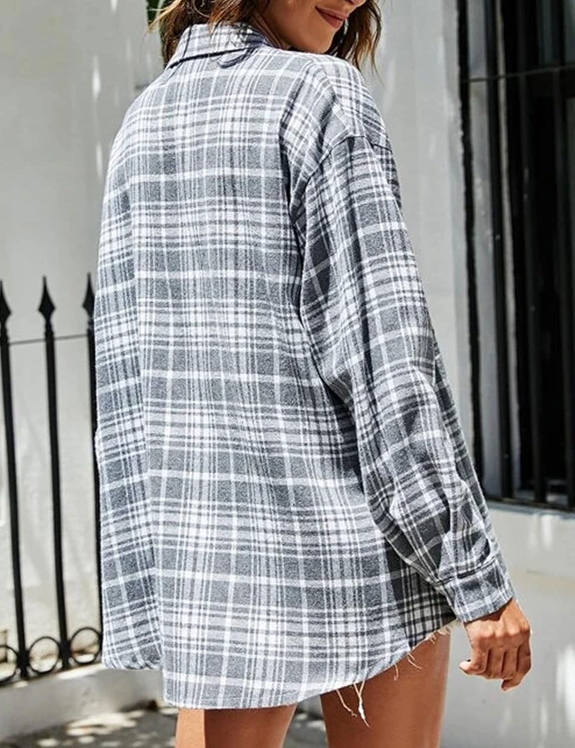Flannel Buffalo Plaid Shirts for Women Oversized Button Down Shacket Blouse Tops - Picture 110 of 125