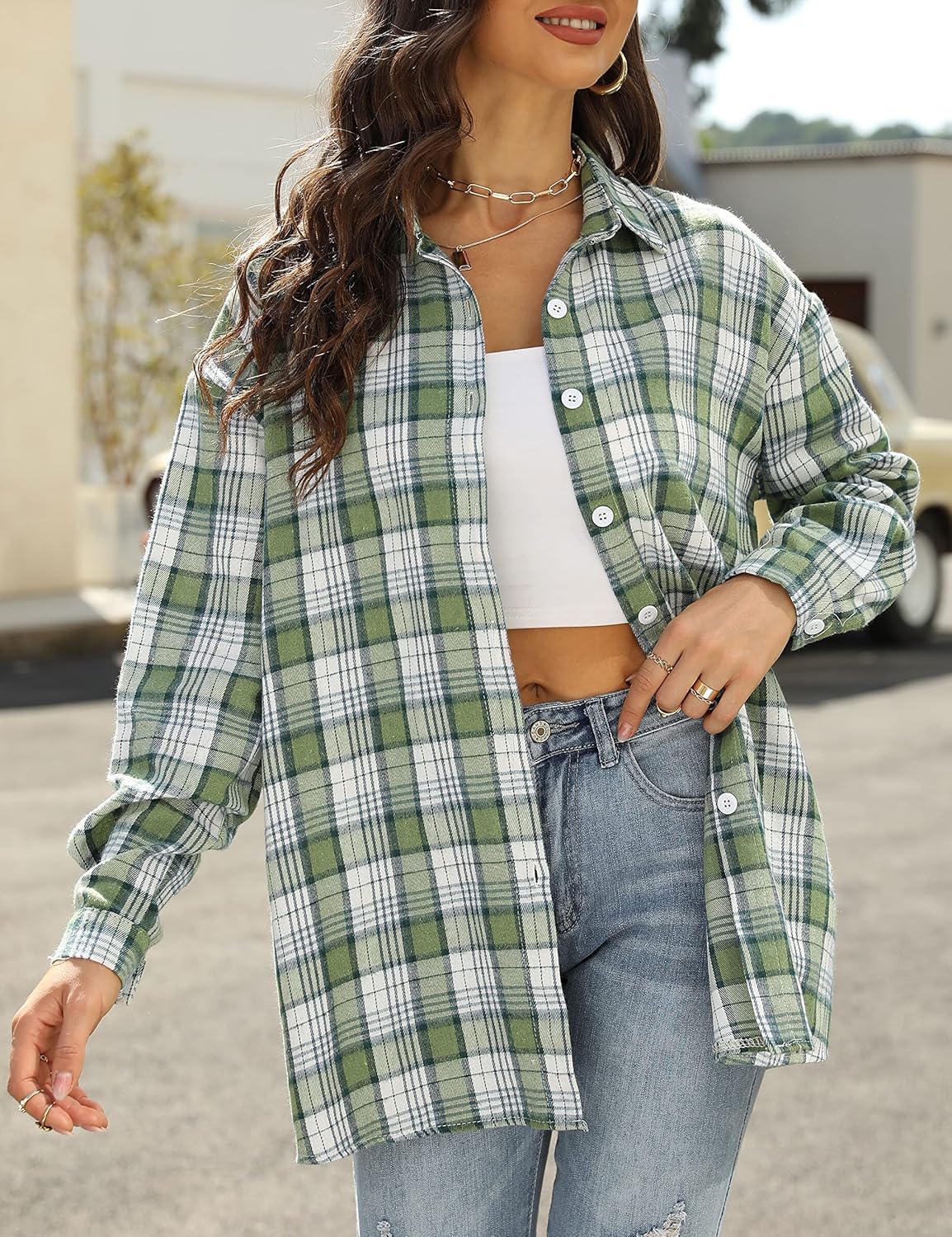 Flannel Buffalo Plaid Shirts for Women Oversized Button Down Shacket Blouse Tops - Picture 115 of 125