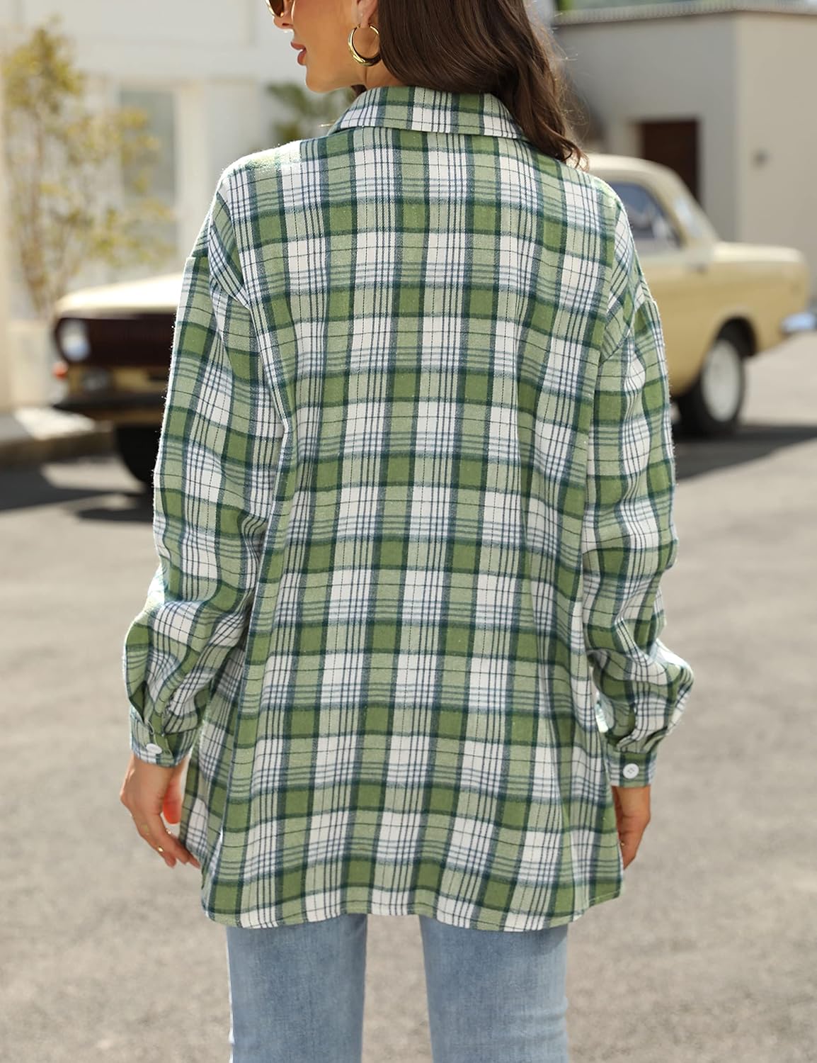 Flannel Buffalo Plaid Shirts for Women Oversized Button Down Shacket Blouse Tops - Picture 117 of 125