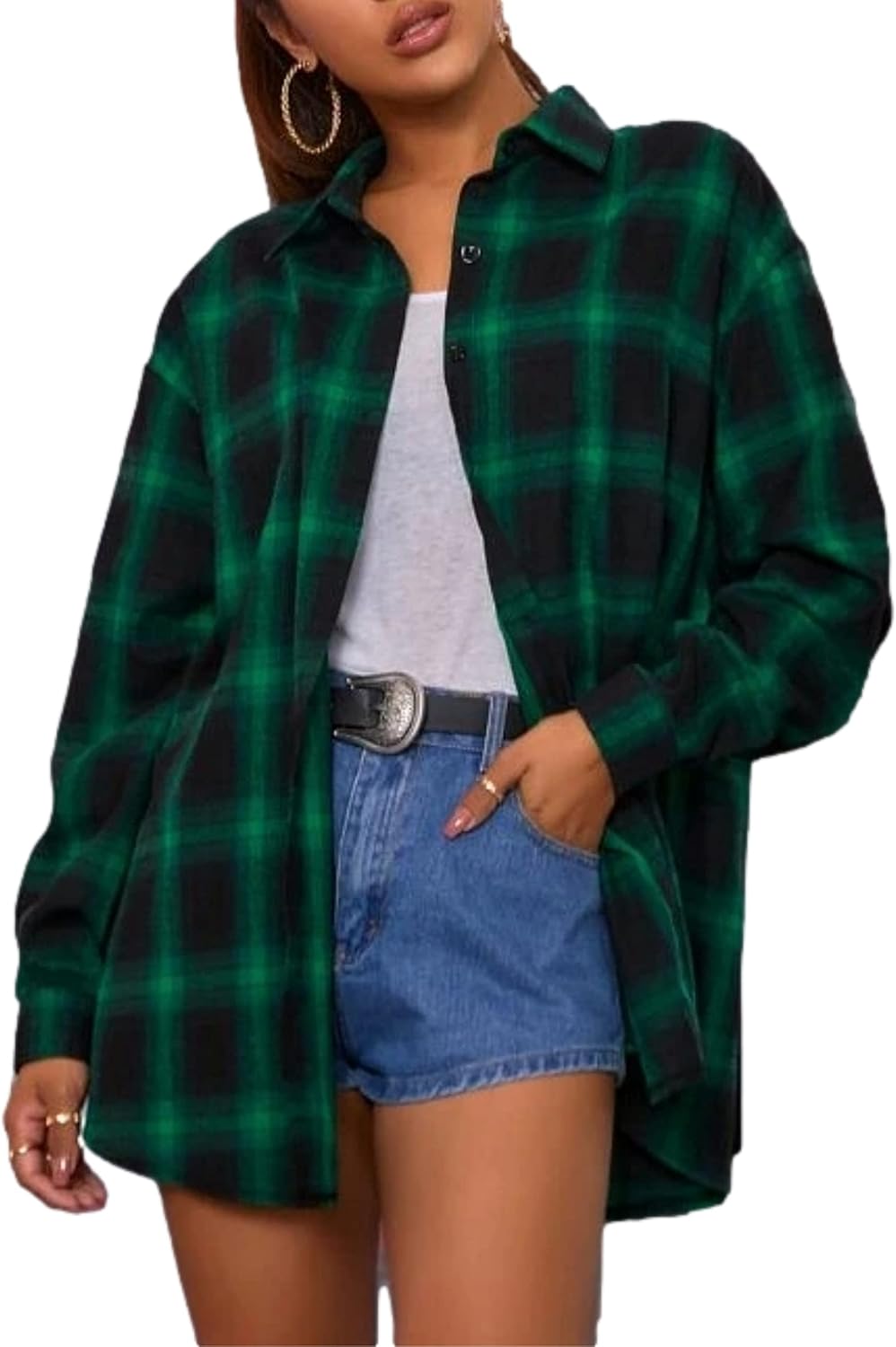 Flannel Buffalo Plaid Shirts for Women Oversized Button Down Shacket Blouse Tops - Picture 119 of 125