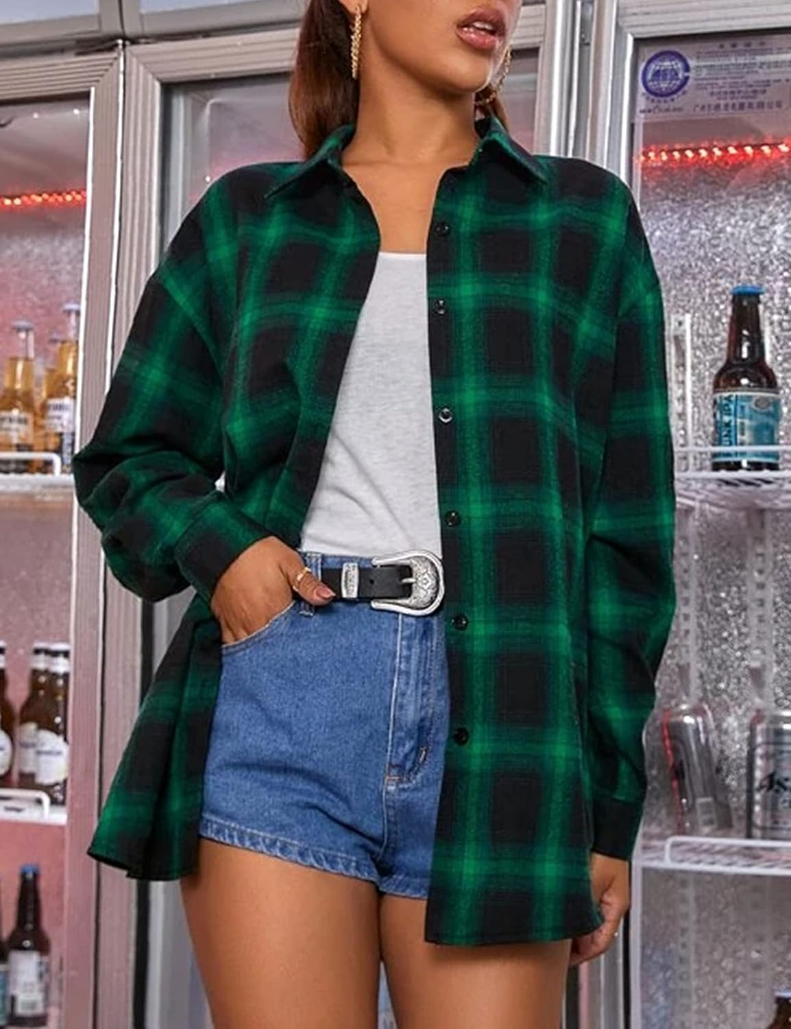 Flannel Buffalo Plaid Shirts for Women Oversized Button Down Shacket Blouse Tops - Picture 122 of 125