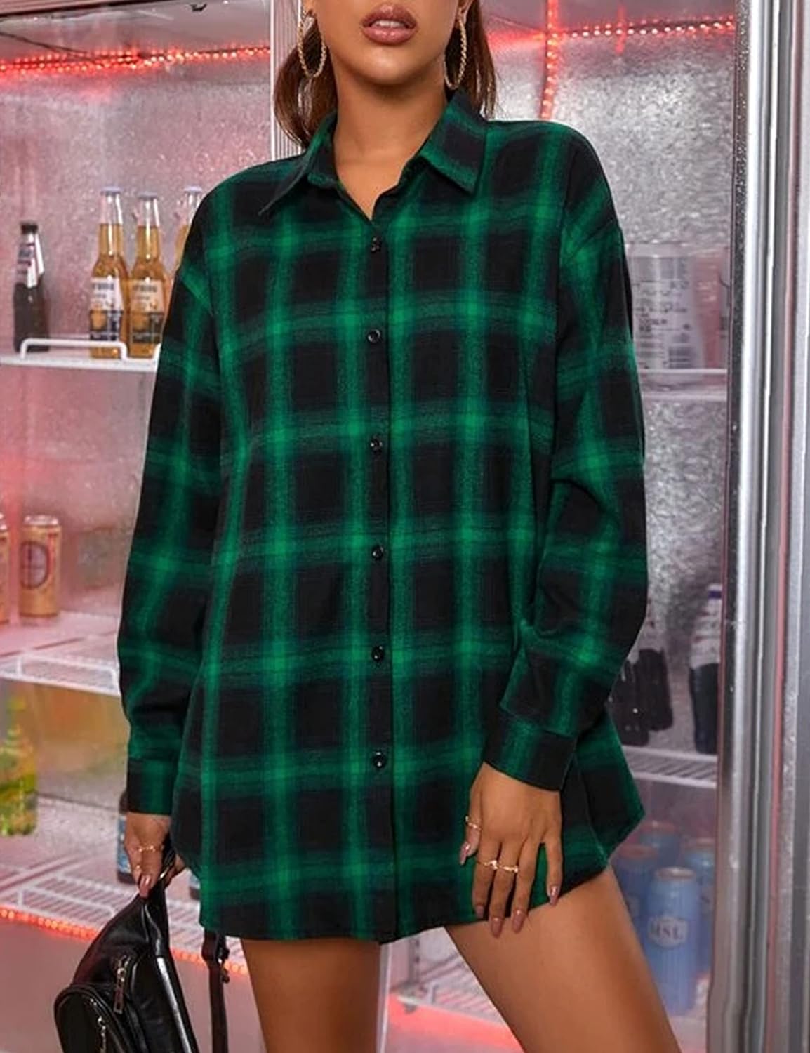 Flannel Buffalo Plaid Shirts for Women Oversized Button Down Shacket Blouse Tops - Picture 123 of 125