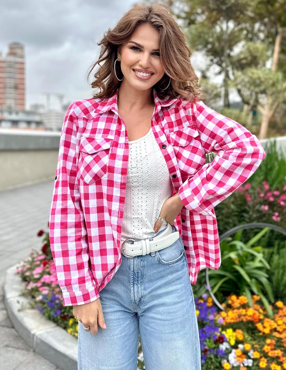 Womens Flannel Shirts Long/Roll Up Sleeve Collared Button Down Plaid Casual Tops - Picture 26 of 136
