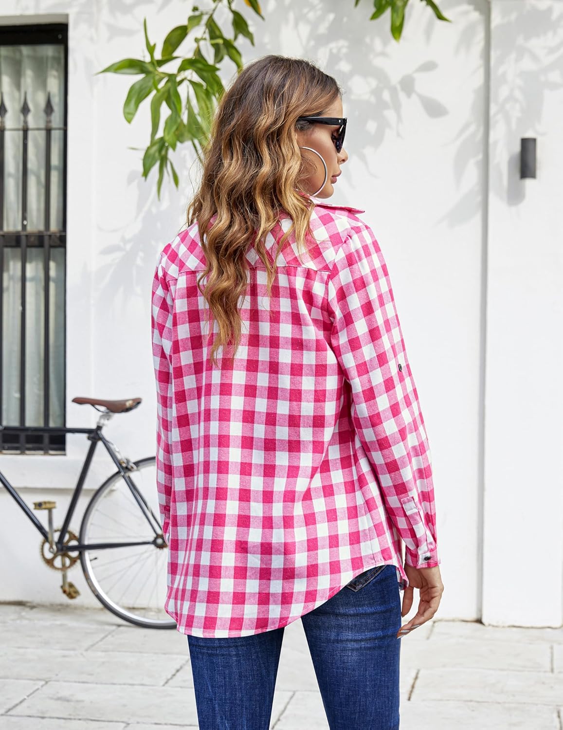 Womens Flannel Shirts Long/Roll Up Sleeve Collared Button Down Plaid Casual Tops - Picture 28 of 136