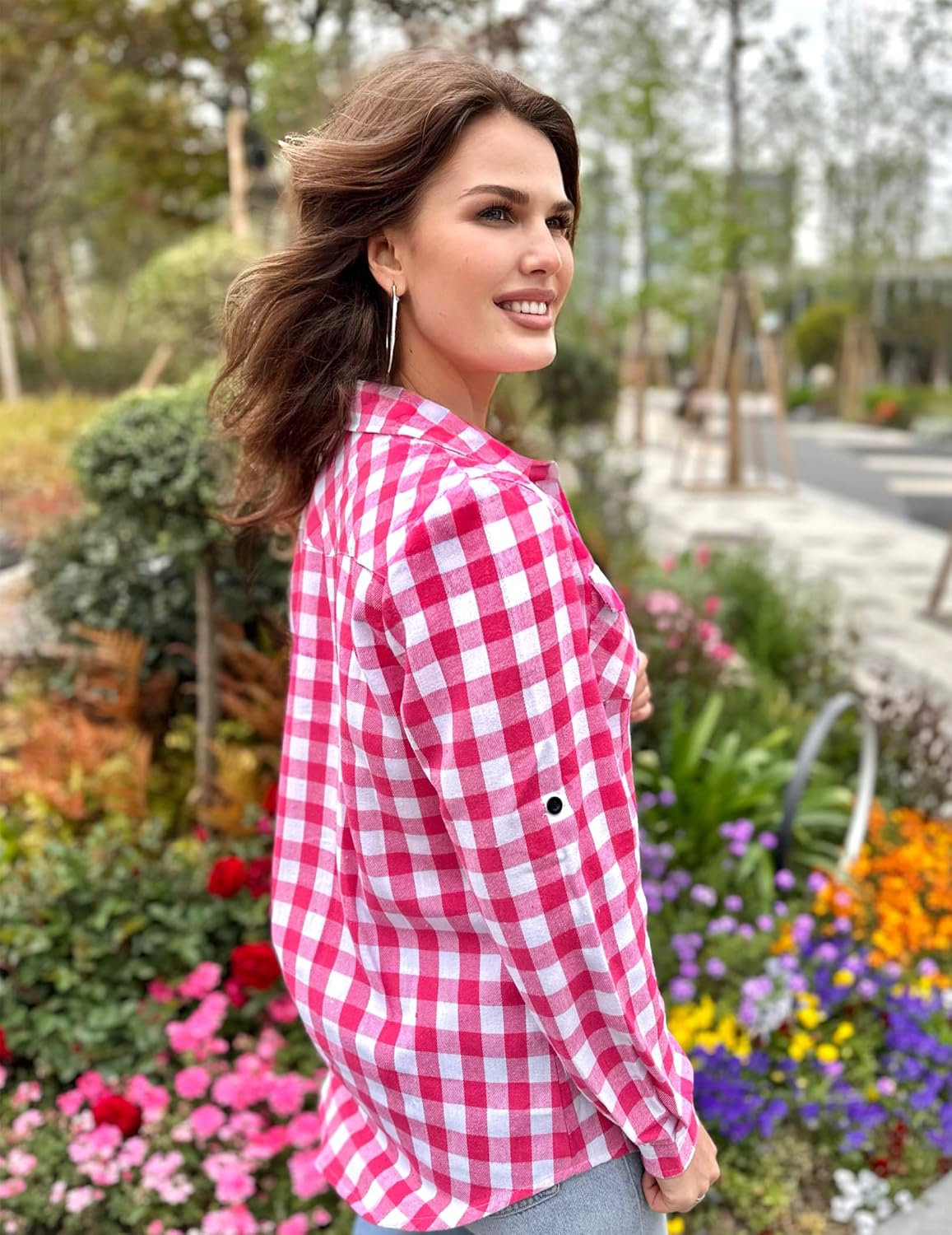 Womens Flannel Shirts Long/Roll Up Sleeve Collared Button Down Plaid Casual Tops - Picture 29 of 136