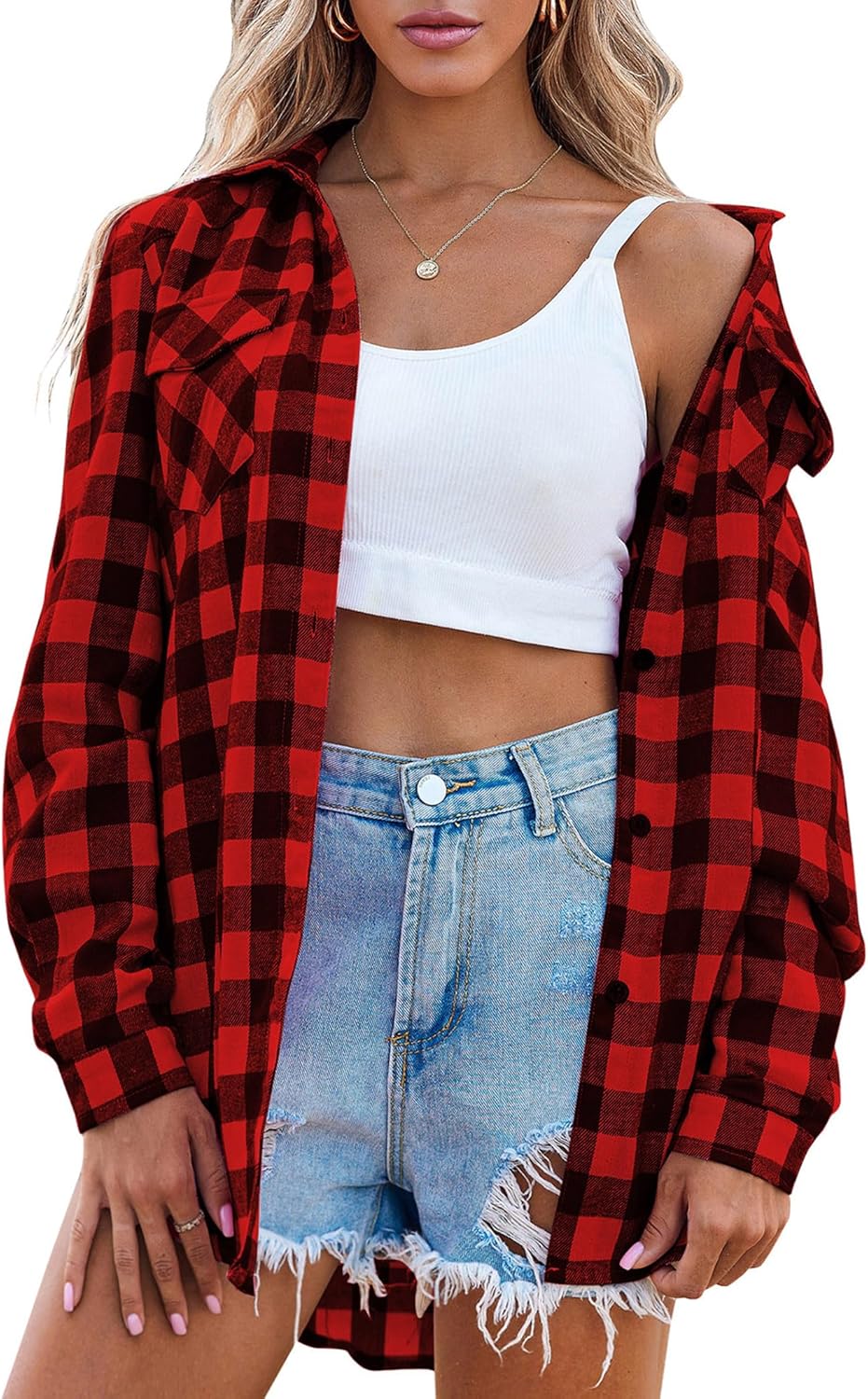 Womens Flannel Shirts Long/Roll Up Sleeve Collared Button Down Plaid Casual Tops - Picture 31 of 136
