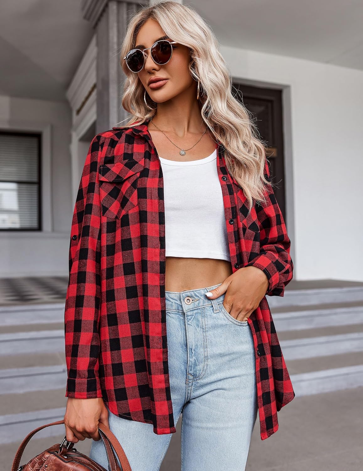 Womens Flannel Shirts Long/Roll Up Sleeve Collared Button Down Plaid Casual Tops - Picture 32 of 136