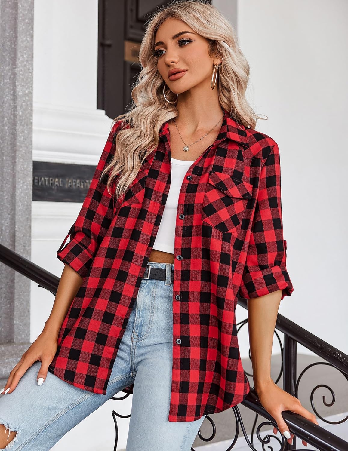 Womens Flannel Shirts Long/Roll Up Sleeve Collared Button Down Plaid Casual Tops - Picture 33 of 136