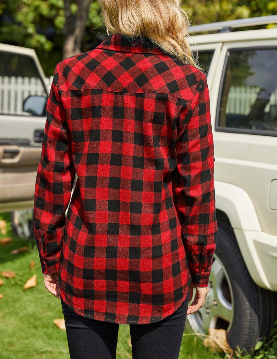 Womens Flannel Shirts Long/Roll Up Sleeve Collared Button Down Plaid Casual Tops - Picture 34 of 136