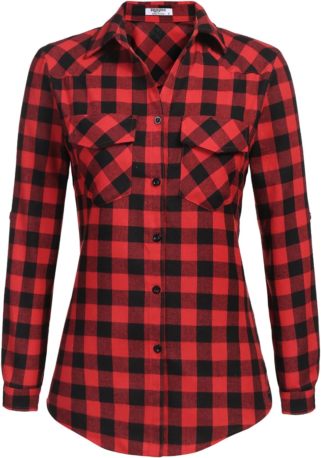 Womens Flannel Shirts Long/Roll Up Sleeve Collared Button Down Plaid Casual Tops - Picture 37 of 136