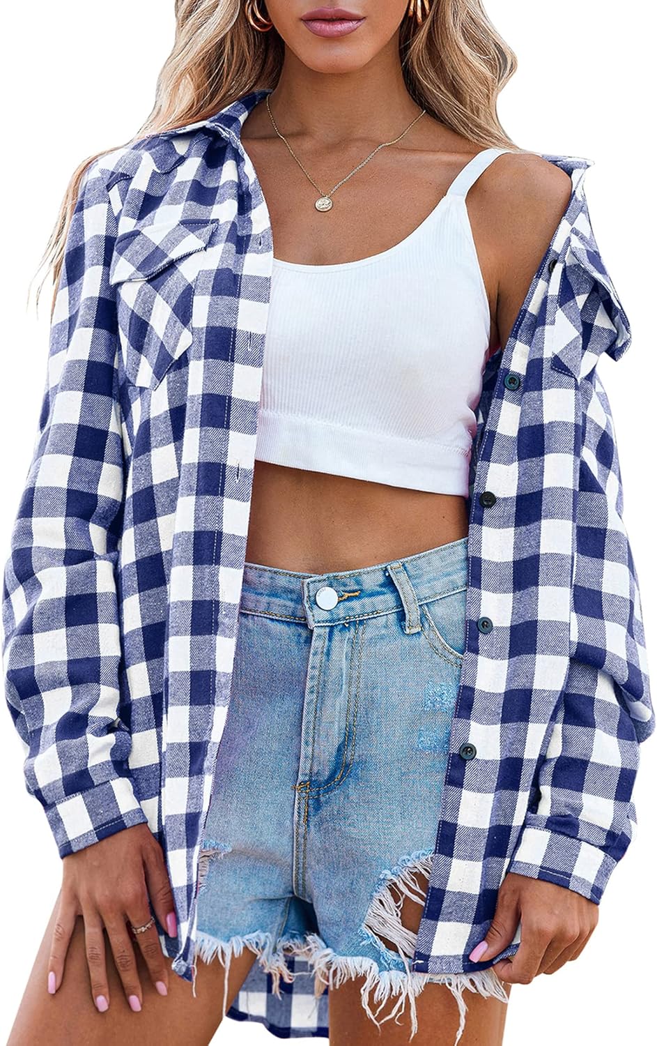 Womens Flannel Shirts Long/Roll Up Sleeve Collared Button Down Plaid Casual Tops - Picture 38 of 136