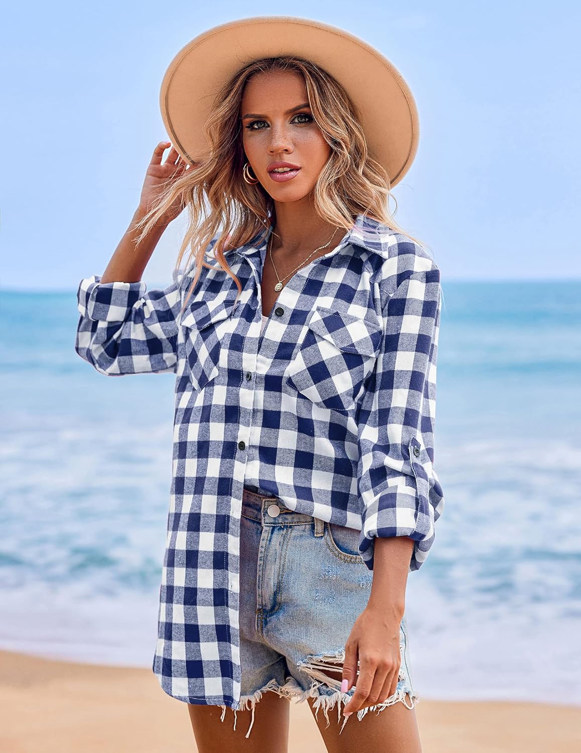 Womens Flannel Shirts Long/Roll Up Sleeve Collared Button Down Plaid Casual Tops - Picture 40 of 136