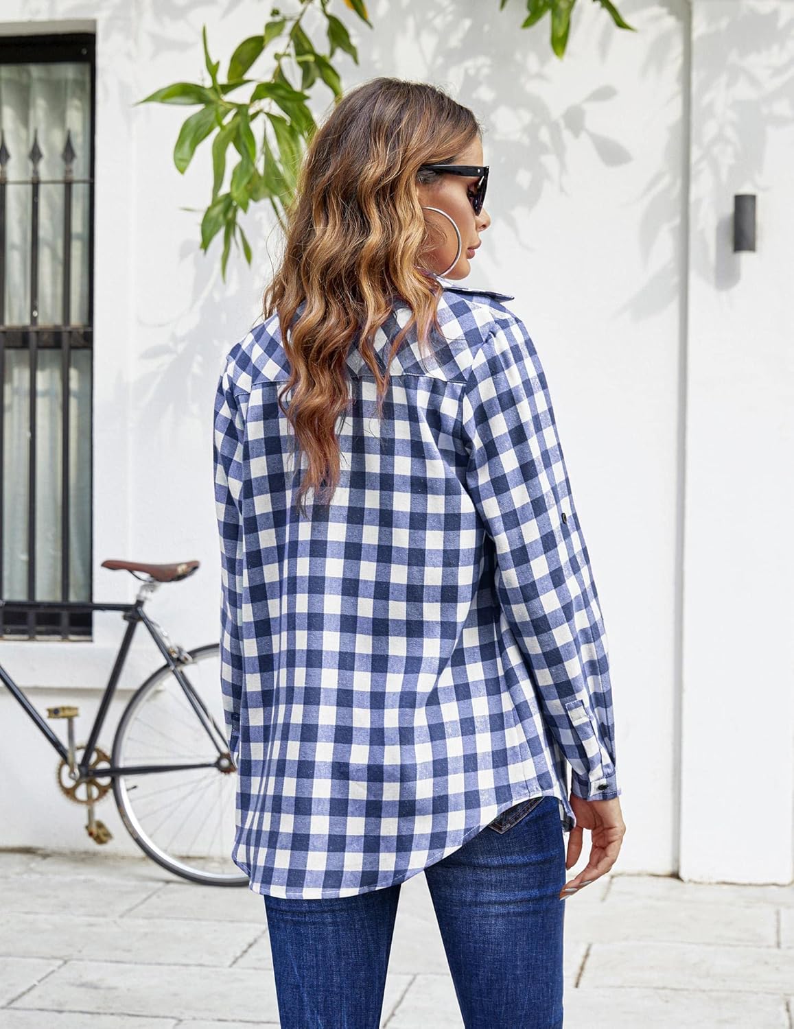Womens Flannel Shirts Long/Roll Up Sleeve Collared Button Down Plaid Casual Tops - Picture 43 of 136