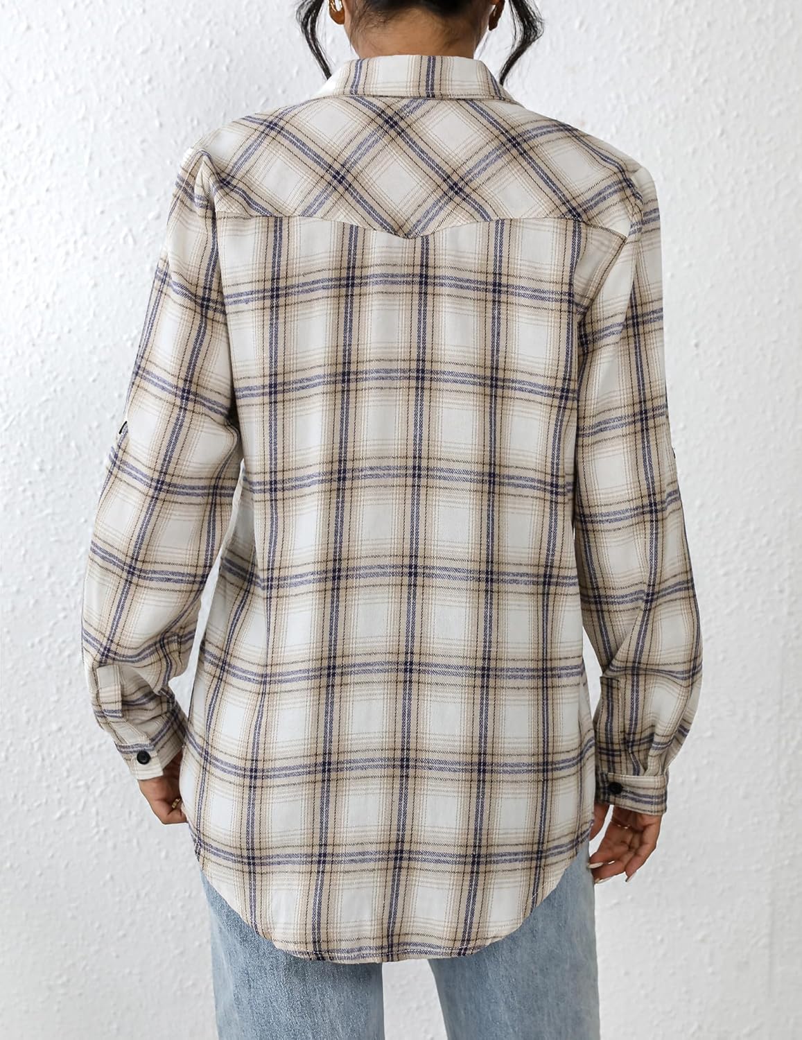 Womens Flannel Shirts Long/Roll Up Sleeve Collared Button Down Plaid Casual Tops - Picture 46 of 136