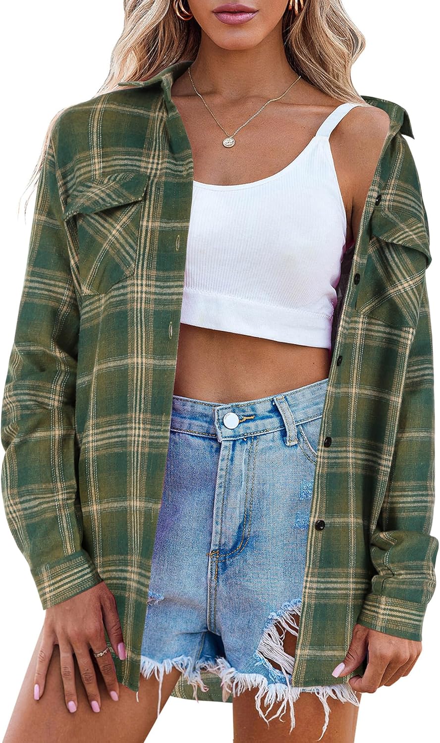 Womens Flannel Shirts Long/Roll Up Sleeve Collared Button Down Plaid Casual Tops - Picture 48 of 136