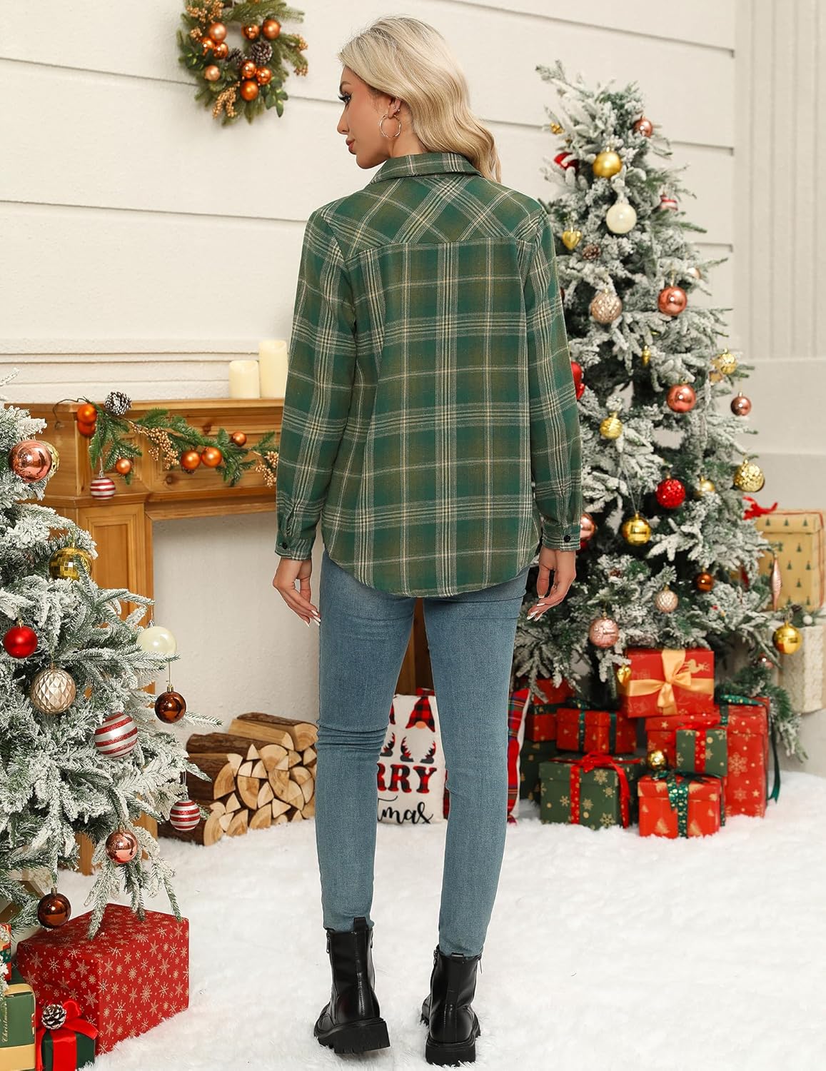 Womens Flannel Shirts Long/Roll Up Sleeve Collared Button Down Plaid Casual Tops - Picture 52 of 136