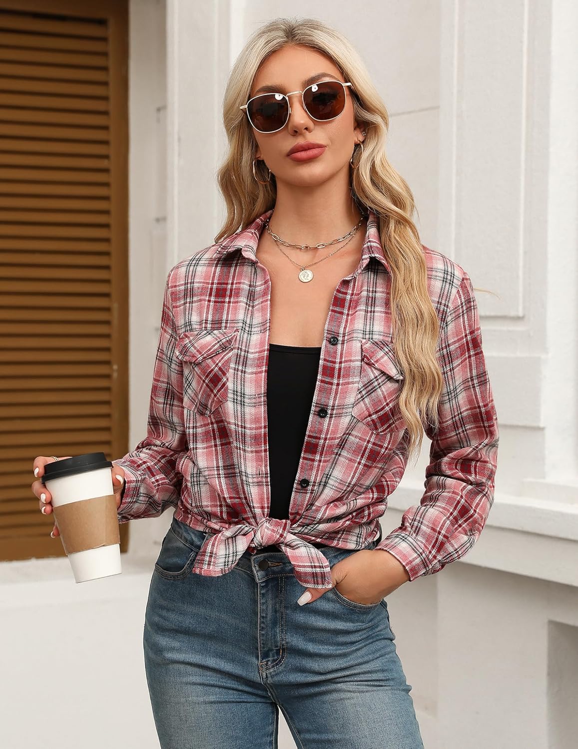 Womens Flannel Shirts Long/Roll Up Sleeve Collared Button Down Plaid Casual Tops - Picture 62 of 136