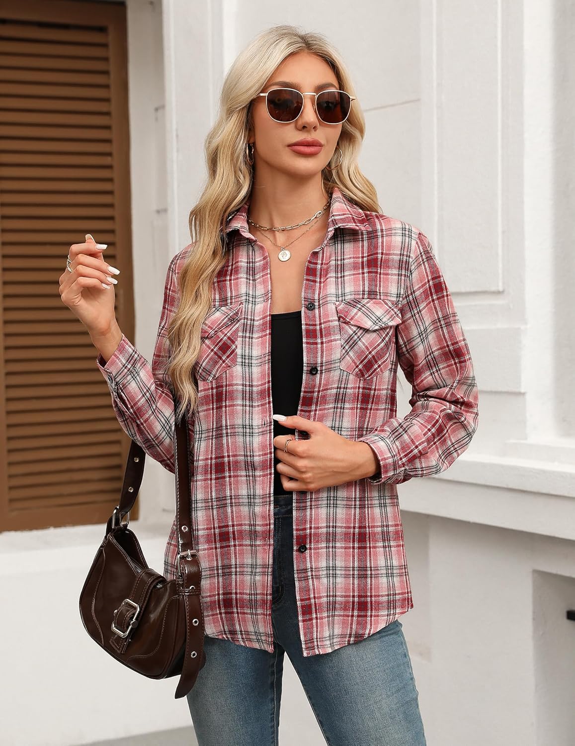 Womens Flannel Shirts Long/Roll Up Sleeve Collared Button Down Plaid Casual Tops - Picture 63 of 136