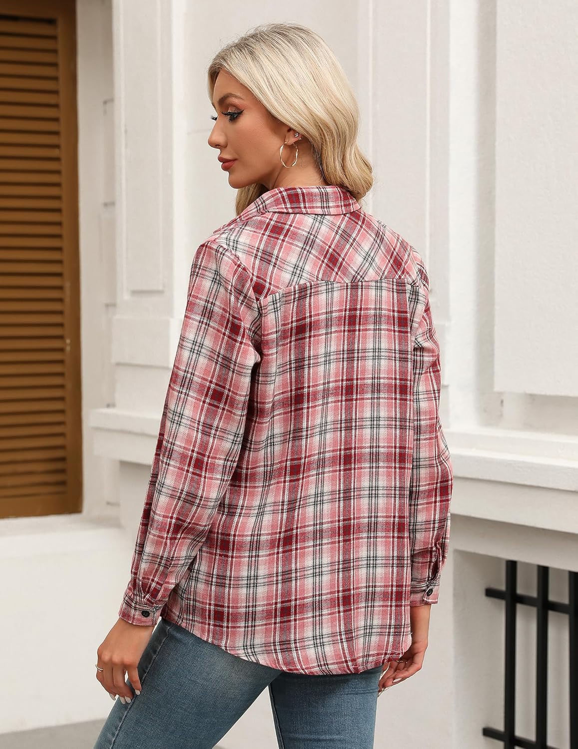 Womens Flannel Shirts Long/Roll Up Sleeve Collared Button Down Plaid Casual Tops - Picture 64 of 136