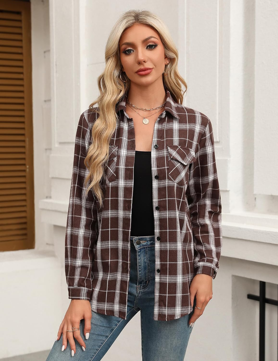 Womens Flannel Shirts Long/Roll Up Sleeve Collared Button Down Plaid Casual Tops - Picture 71 of 136