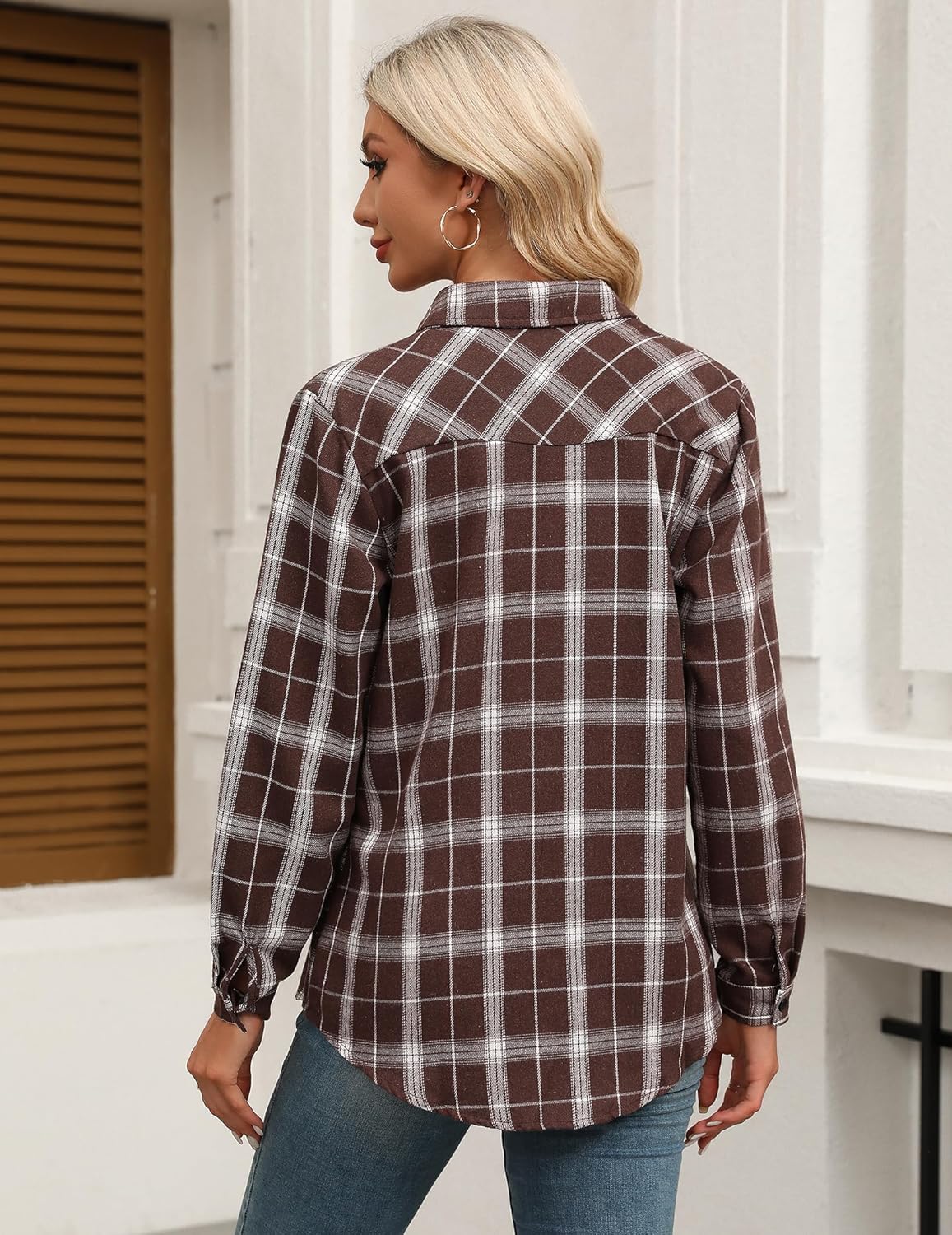 Womens Flannel Shirts Long/Roll Up Sleeve Collared Button Down Plaid Casual Tops - Picture 74 of 136