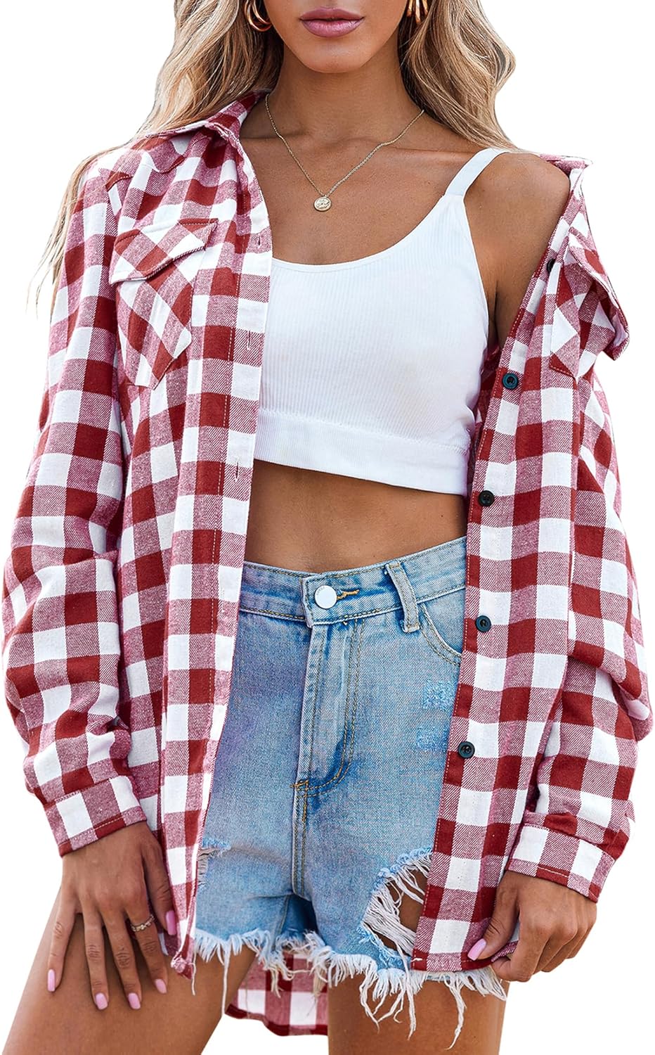 Womens Flannel Shirts Long/Roll Up Sleeve Collared Button Down Plaid Casual Tops - Picture 76 of 136