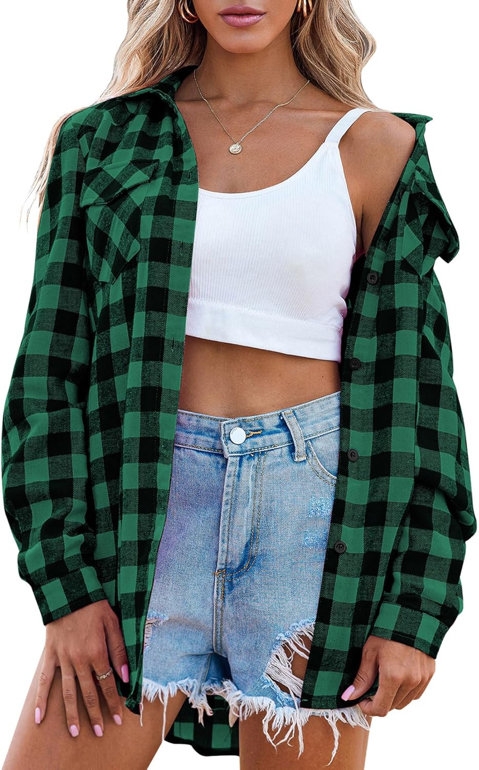 Womens Flannel Shirts Long/Roll Up Sleeve Collared Button Down Plaid Casual Tops - Picture 81 of 136