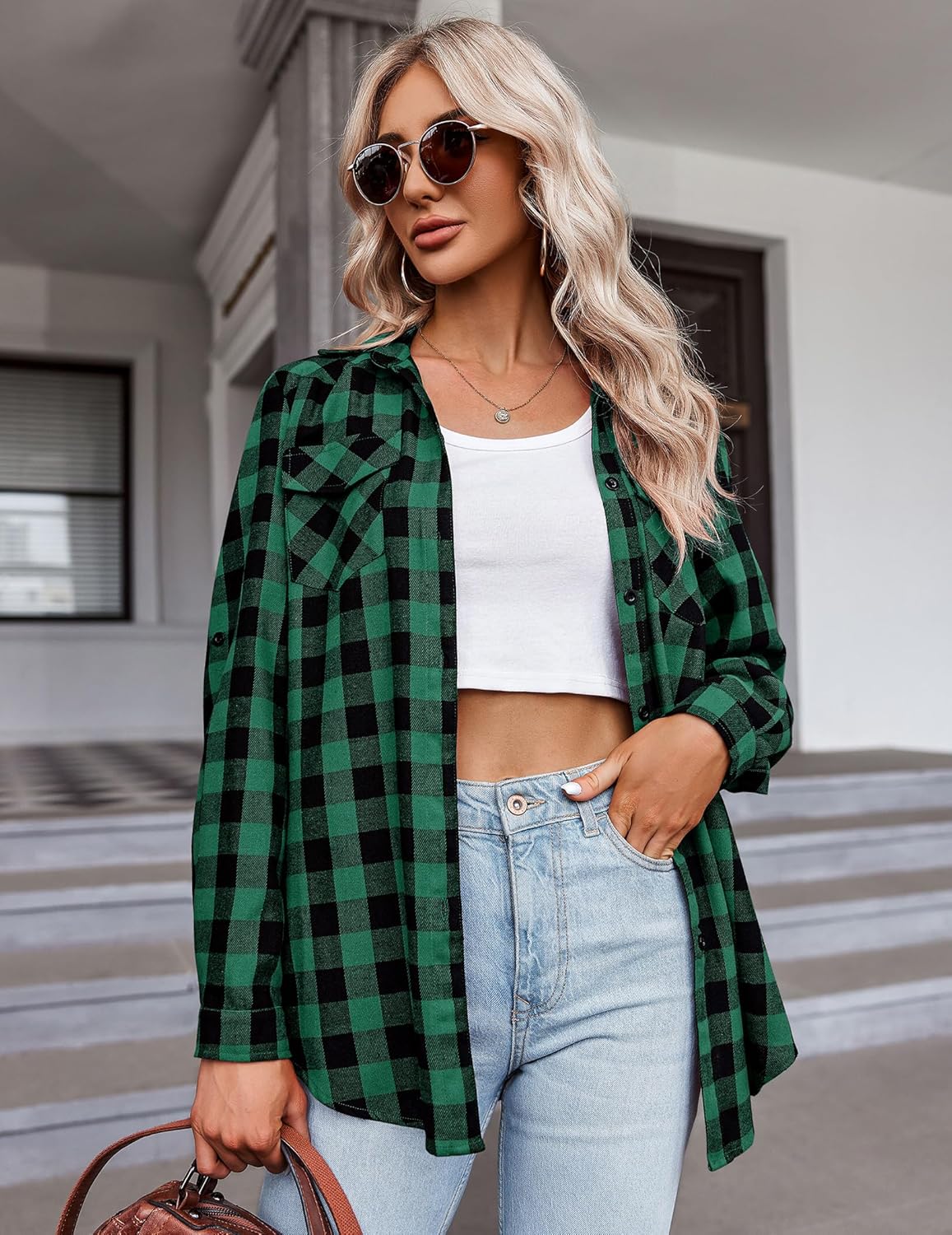 Womens Flannel Shirts Long/Roll Up Sleeve Collared Button Down Plaid Casual Tops - Picture 82 of 136
