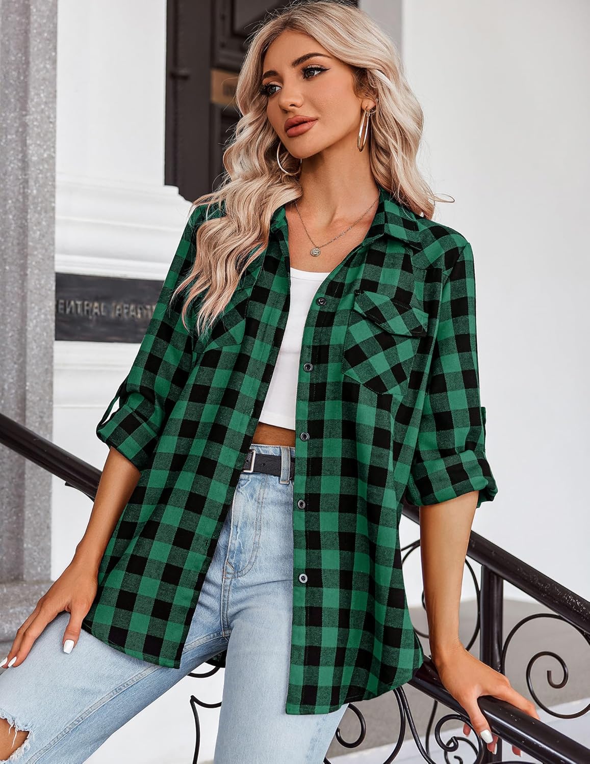 Womens Flannel Shirts Long/Roll Up Sleeve Collared Button Down Plaid Casual Tops - Picture 84 of 136