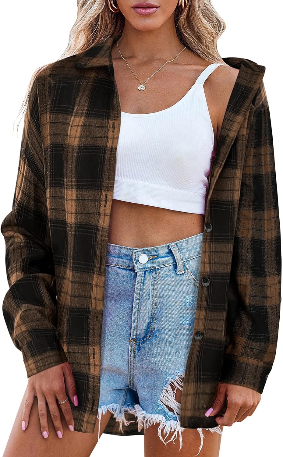 Womens Flannel Shirts Long/Roll Up Sleeve Collared Button Down Plaid Casual Tops - Picture 87 of 136