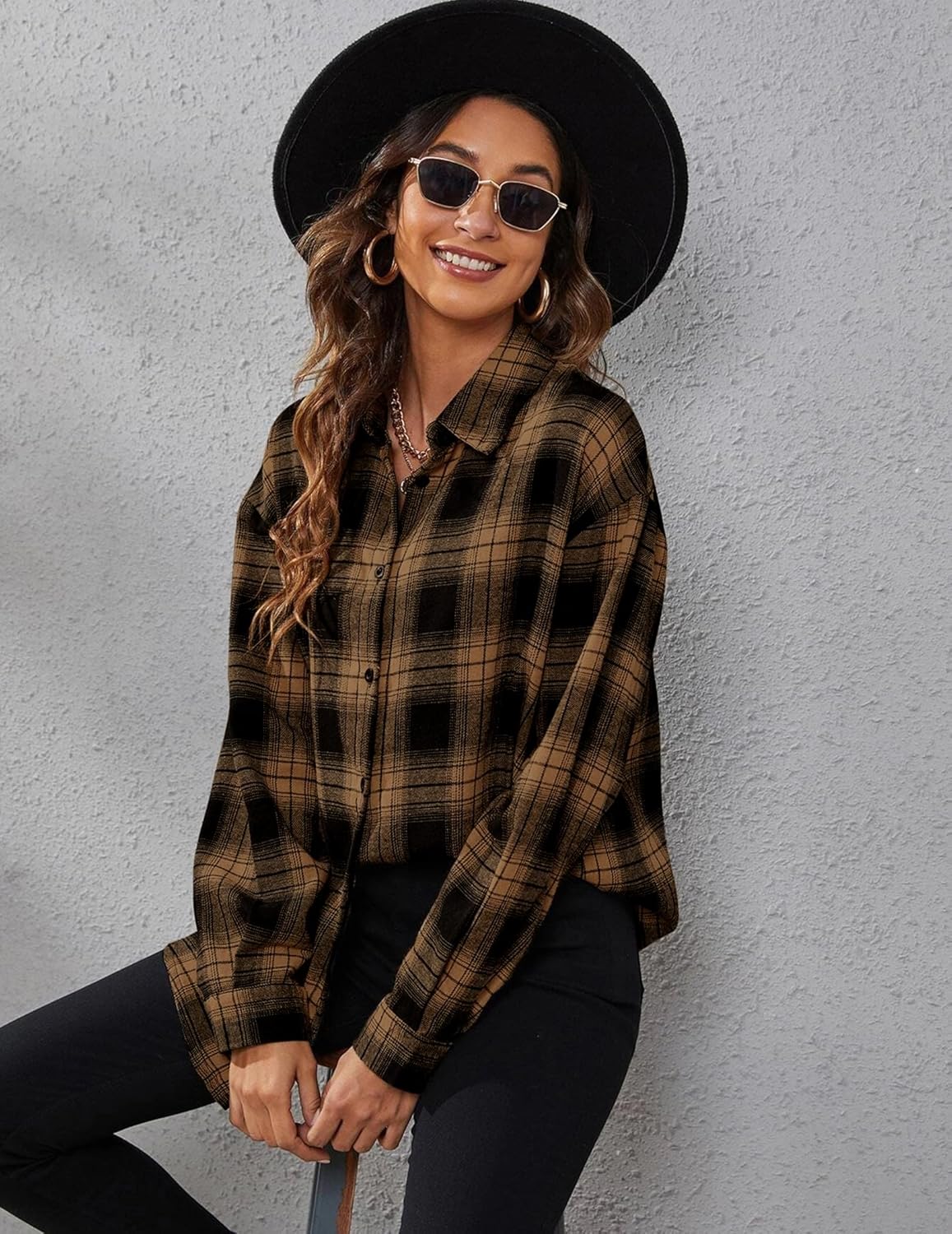 Womens Flannel Shirts Long/Roll Up Sleeve Collared Button Down Plaid Casual Tops - Picture 88 of 136