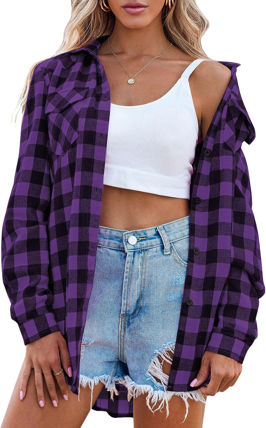 Womens Flannel Shirts Long/Roll Up Sleeve Collared Button Down Plaid Casual Tops - Picture 92 of 136